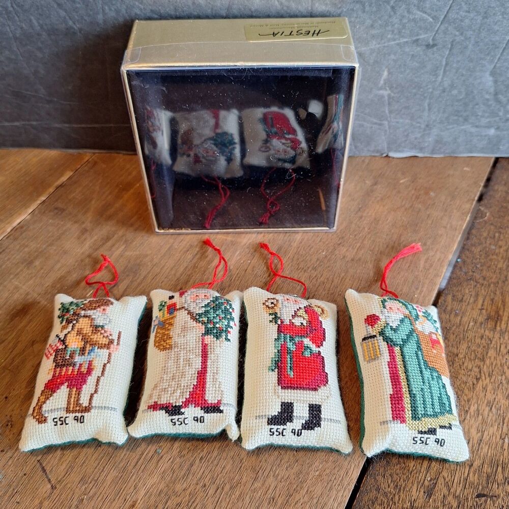 VTG 1990 HESTIA Hand Made Embroidered Santa Claus Pillow Ornaments 3" Long